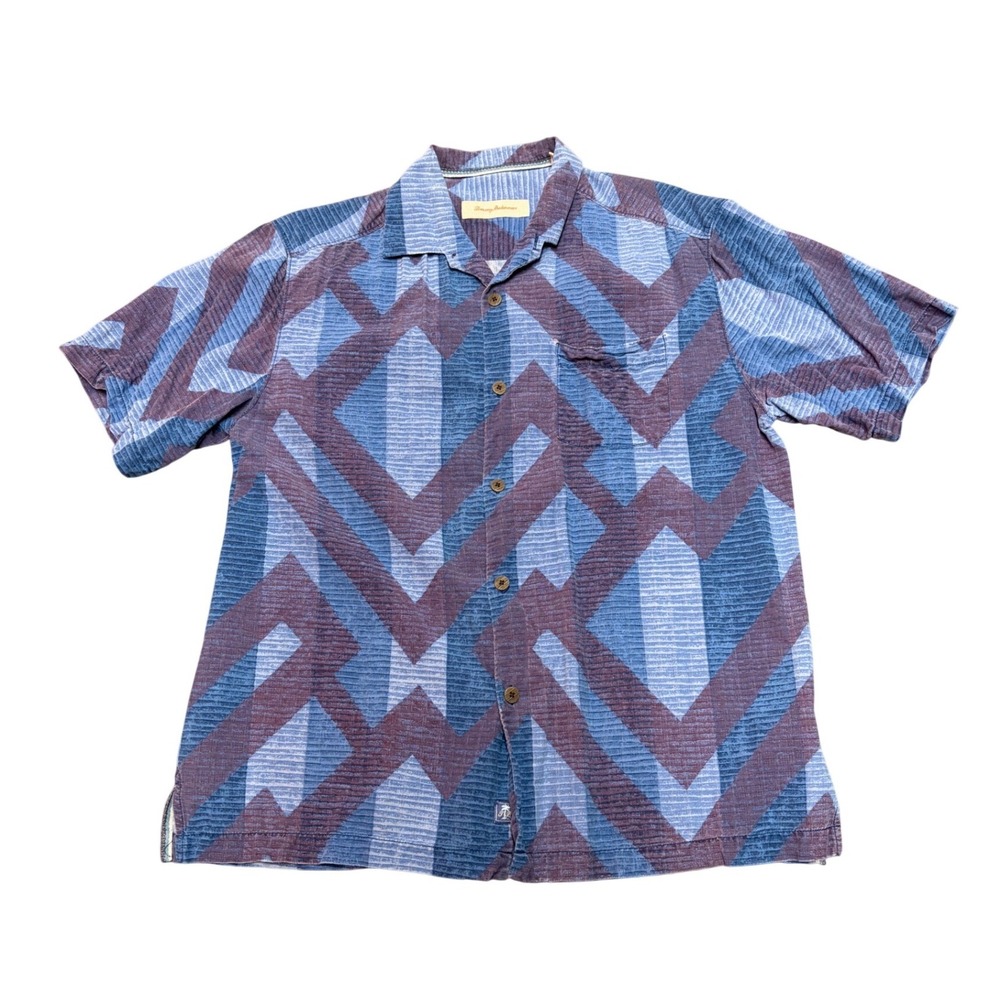 Tommy Bahama Mens Silk Geometric Chevron Short Sleeve Button Down Shirt Blue M